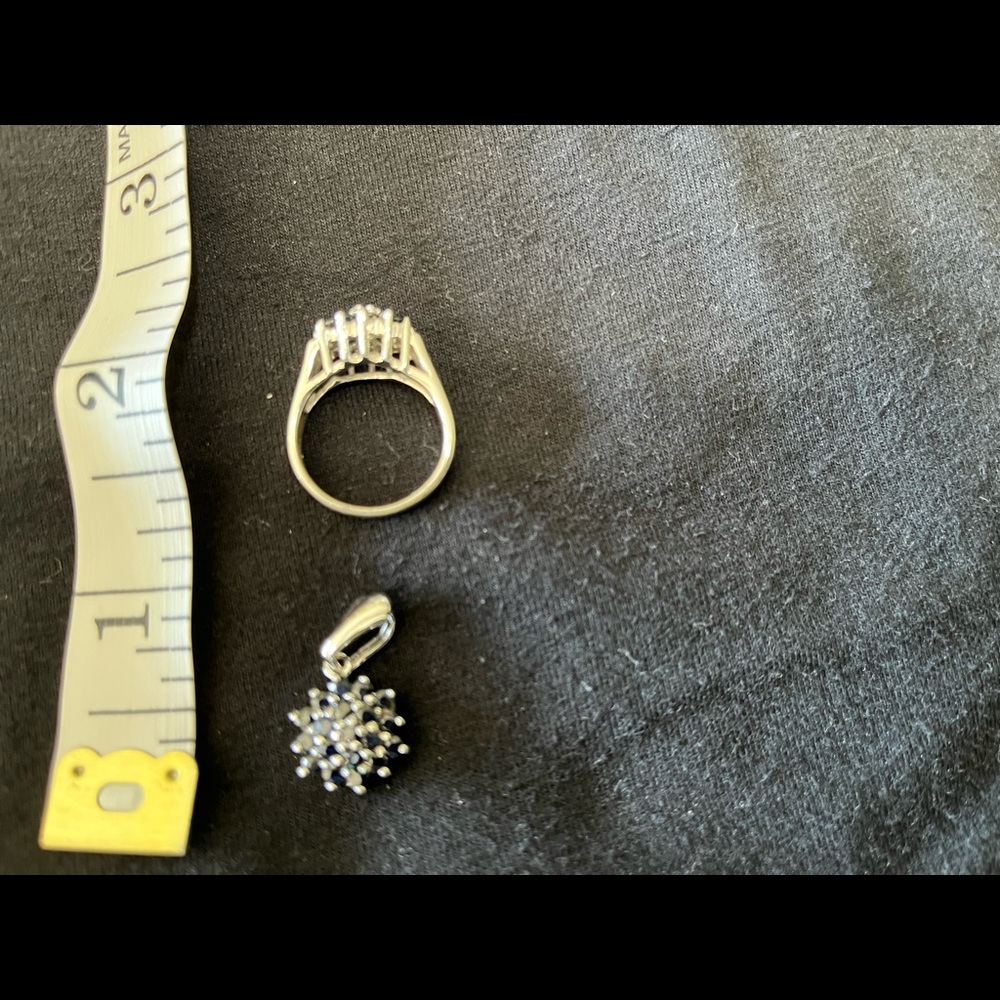 925 Silver + Sapphire ring and pendant.